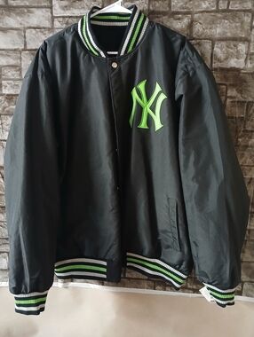 MLB New York Yankees Black Bomber Jacket with Neon Green Logo and Striped Trim
